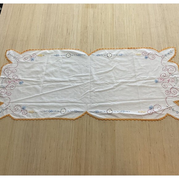 Doily Hand Sewn Embroidery Crochet Flowers Scallop Edge 17”x 41" Cottagecore - Picture 2 of 4